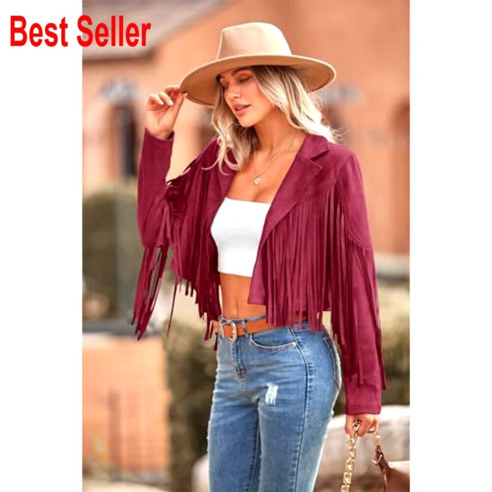 Faux Suede Fringe Cropped Jacket Motorcycle Style Tassel Detail - Picture 4 of 7